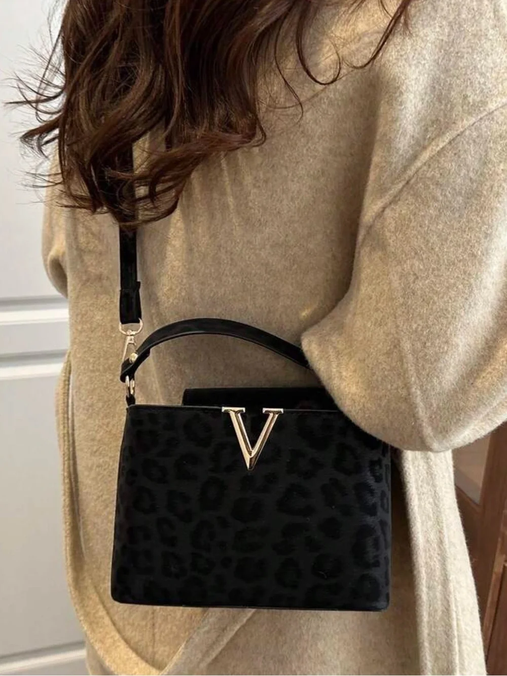 Black Leopard-Print Satchel with Gold V Accent